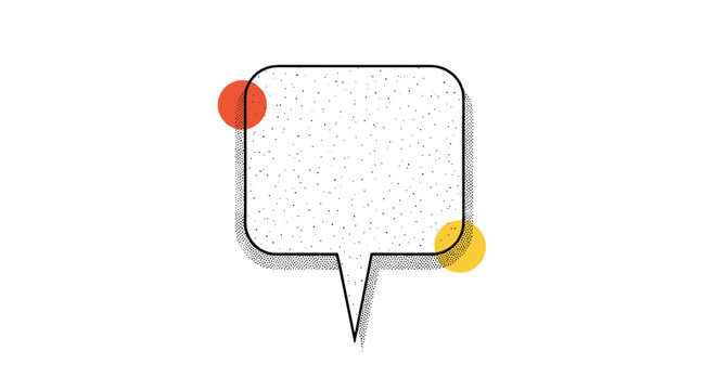 Square speech bubble with a textured dot pattern and colorful circles serves as a stylish graphic element for quotes, dialogue, and creative messaging.