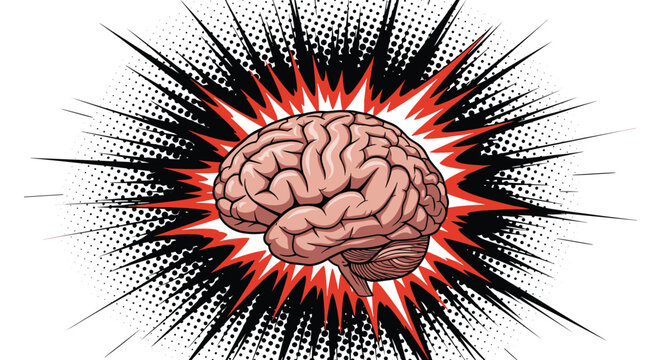 Detailed illustration of a human brain centered within a powerful explosion of red and black rays in a comic book pop art style.