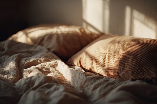 Slow living and authentic morning ritual concept featuring natural light and cozy bedding.