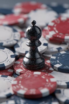 Symbolic pawn chess piece surrounded by oversized poker chips out of place overwhelmed concept