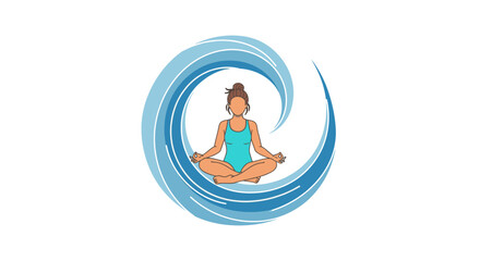 Obraz premium Woman meditating in lotus position inside a swirling blue wave, symbolizing inner peace and harmony with nature