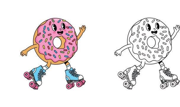 Cute Cartoon Donut Character Roller Skating Vector Illustration Set with Colored Version and Black and White Line Art Coloring Page