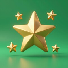 Fototapeta premium Gold 3D Star with Smaller Stars on Green Background, Award Symbol