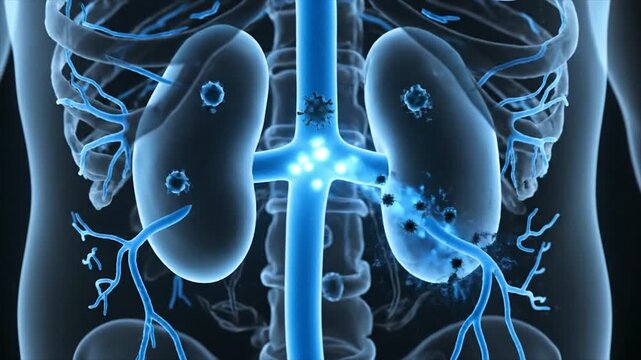 3D Render of Human Kidneys and Circulatory System with Viral Infection.