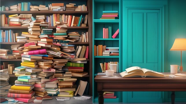 Book clutter concept with Before and after messy bookshelf workspace with extreme book clutter organized study room transformation, messy bookshelf workspace clutter messy bookshelf workspace clutter