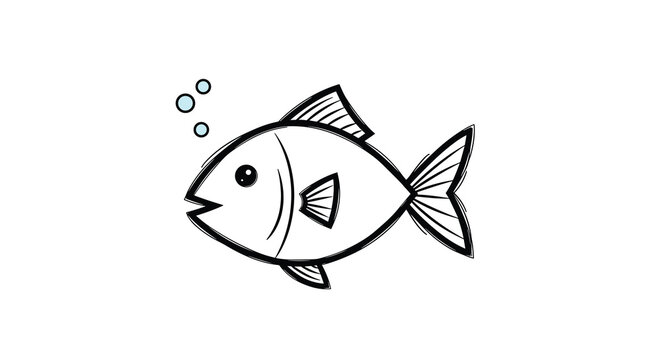 Small fish swims toward the left while blowing three tiny blue bubbles in this simple black and white line art illustration.