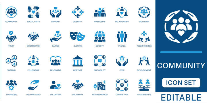 Community and social unity icon set. featuring support, diversity, inclusion, volunteer, human rights, and social cooperation in blue flat design style.