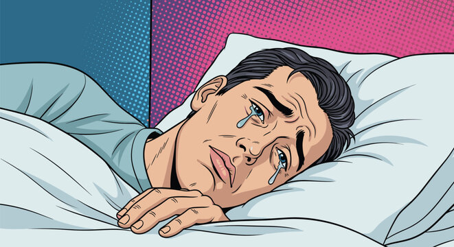 Sad man lying in bed crying with tears on his cheeks in a classic comic book pop art style illustration on a pink background.
