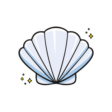 Sparkling open white scallop shell illustration with radiating yellow stars