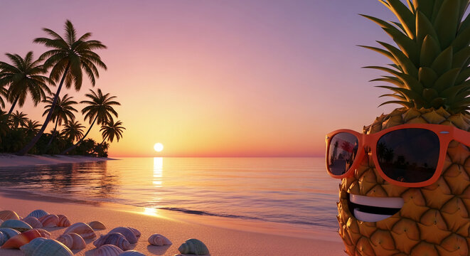 Tropical beach sunset with palm trees, shells and pineapple wearing sunglasses, representing vacation, relaxation, and summertime paradise