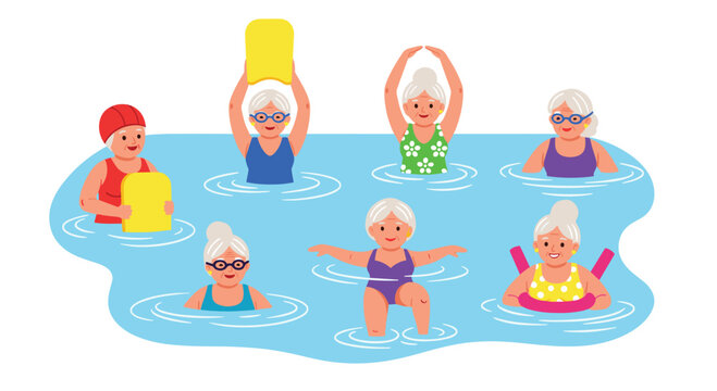 Cheerful group of senior women with gray hair performs synchronized water exercises in a bright blue pool using yellow kickboards and pink pool noodles.