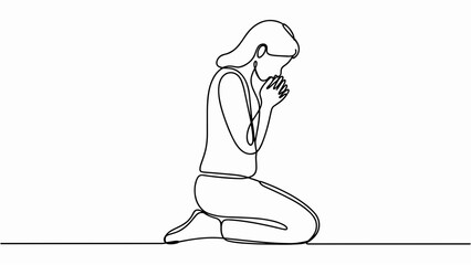 Obraz premium Kneeling Woman Prayer One Line Art Spiritual Faith and Hope Illustration