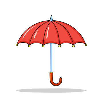 Bright red open umbrella with a curved handle and blue stem on a white background