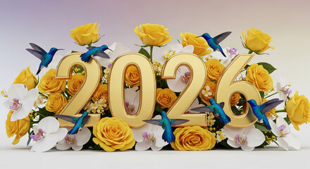 Fototapeta premium Golden number 2026 amid yellow rose and white orchid, with blue hummingbird, symbolizing future, celebration, and new beginnings, perfect for greeting
