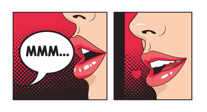 Pop art style illustration of a woman mouth with red lips and a speech bubble saying mmm next to a smiling face profile.