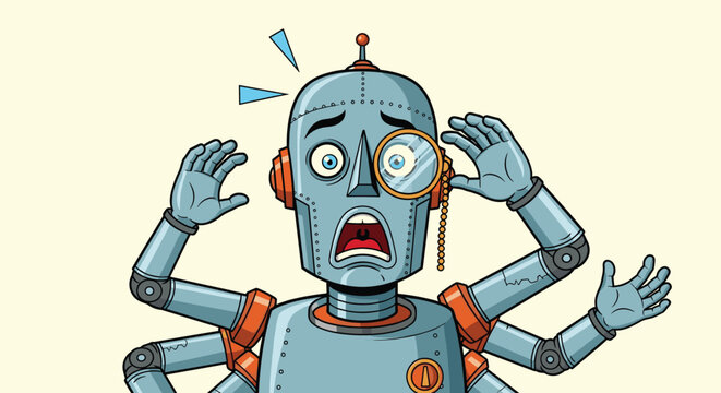 Retro style robot with multiple arms and a monocle looking shocked and confused with a worried facial expression.