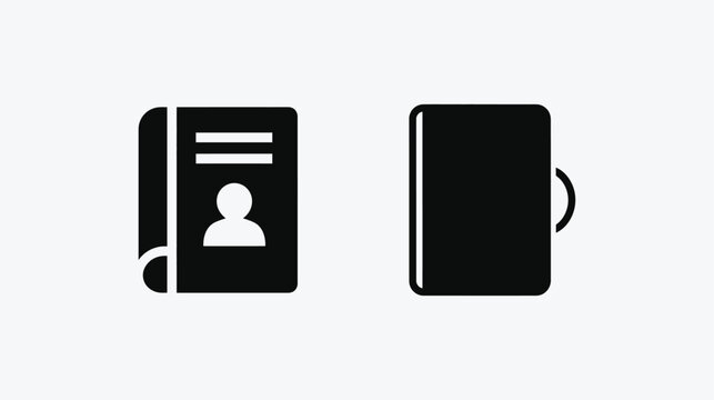 A pair of minimalist black vector icons depicting a contact book and a simple notebook design.