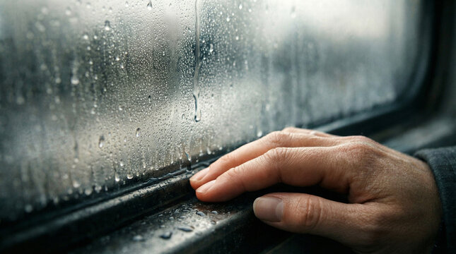 close up of hand touching rain covered window with water droplets and blurred city outside creating moody atmosphere loneliness reflection travel moment emotional scene and contemplative feeling