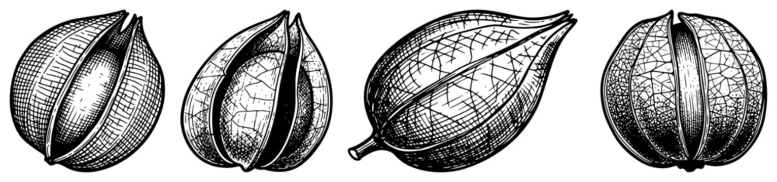 Vintage hand drawn woodcut illustration of physalis fruit pods and husks