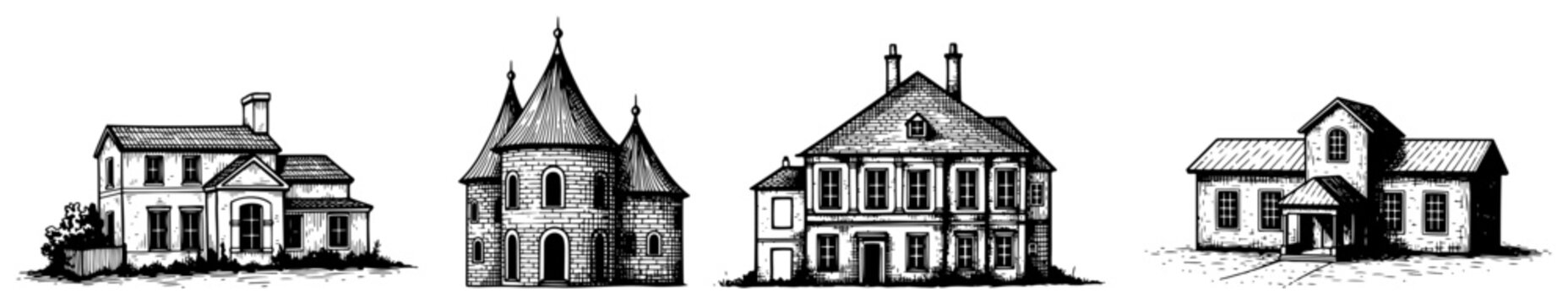 Set of vintage hand drawn architectural house and castle sketches in engraving style