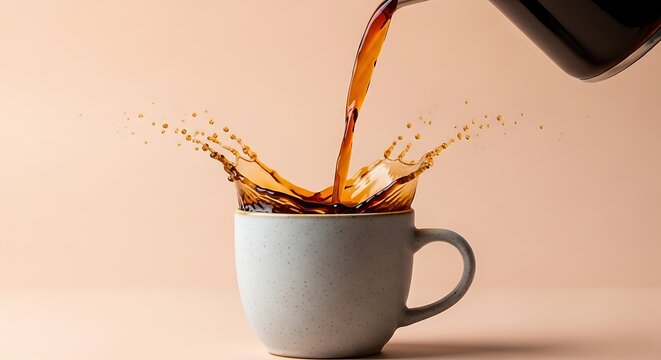 Coffee pouring from a pot into a mug, creating a splash against a peach-colored backdrop
