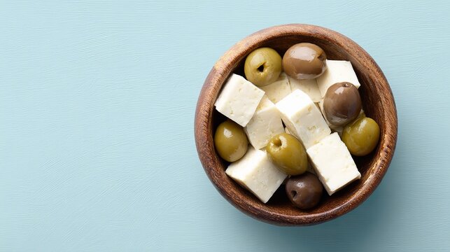 Top-down view of a wooden bowl filled with cubes of herbed feta cheese and green olives on a light blue background with fresh leaves.