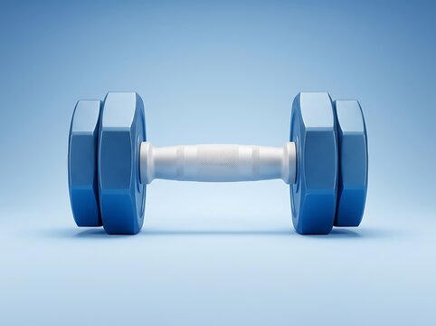 Blue dumbbell with white handle on gradient blue background for fitness and exercise concepts  health and workout equipment