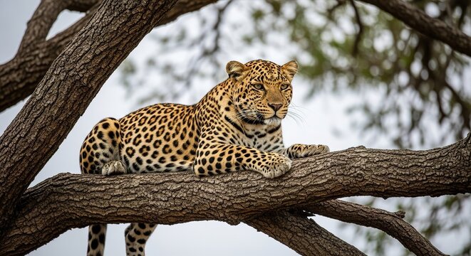 A powerful leopard lies majestically on a sturdy tree branch, its piercing eyes scanning the African savanna below, showcasing its innate predatory grace.