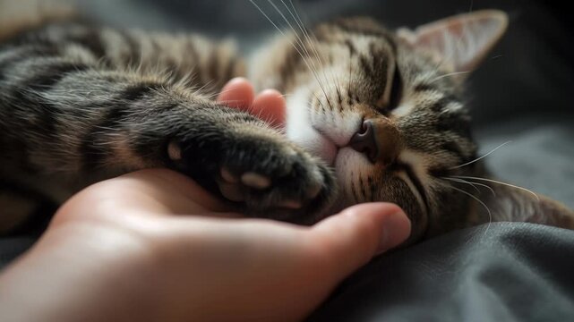 Human hand stroking a sleeping tabby cat. Close up of gentle touch on feline head and paw. Relaxed pet resting on fabric, demonstrating bond and animal care.