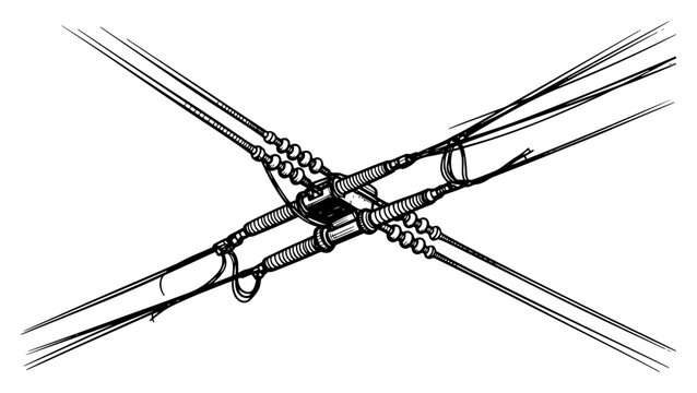 Detailed hand drawn vintage engraving style illustration of high voltage power lines and insulators junction