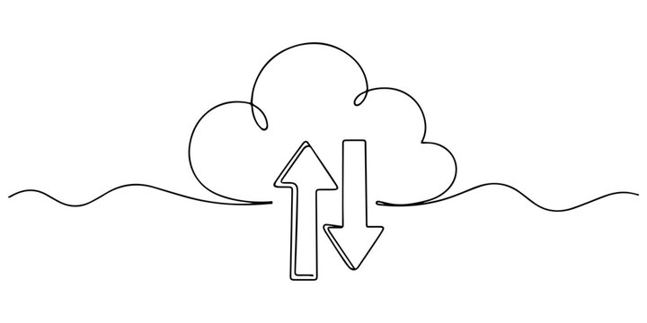 One continuous single line of cloud. Cloud network, data storage and backup background, Auto backup cloud with upload and download arrow icon continuous one line drawing on white background minimalist