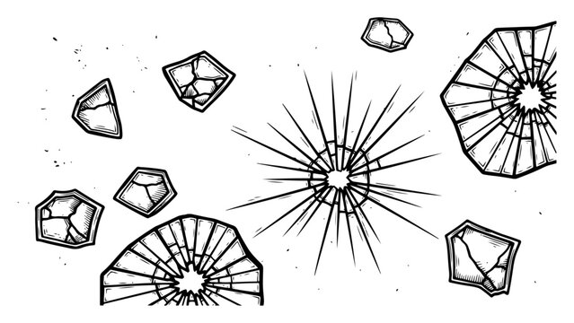Hand drawn vintage engraving style illustration of shattered glass fragments and cracks
