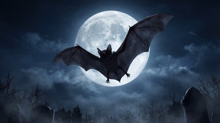 Fototapeta premium Vampire bat flying against full moon in spooky night sky 