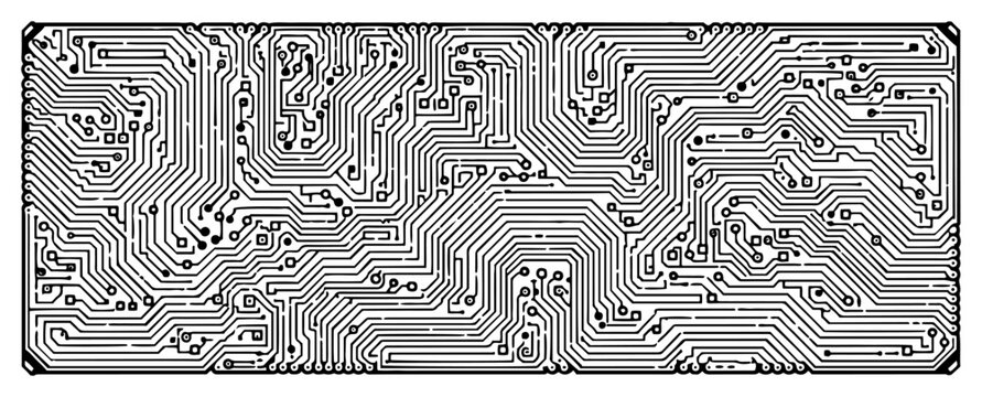 Intricate digital circuit board pattern with dense electronic pathways in rectangular frame