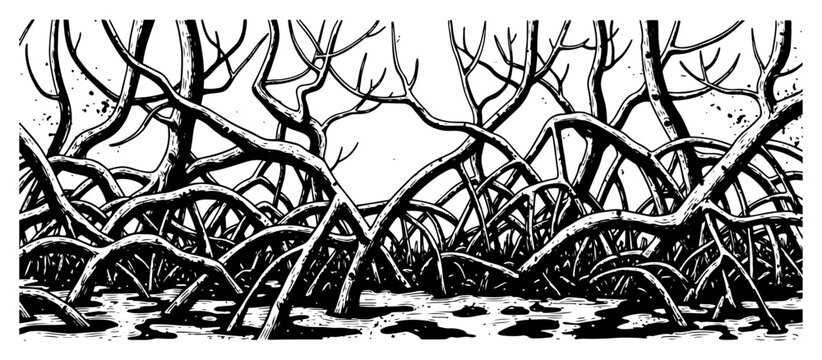 Complex hand drawn mangrove tree roots in detailed vintage engraving style