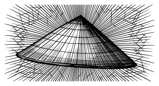 Vintage engraving style illustration of a traditional conical Asian hat with radiating background lines
