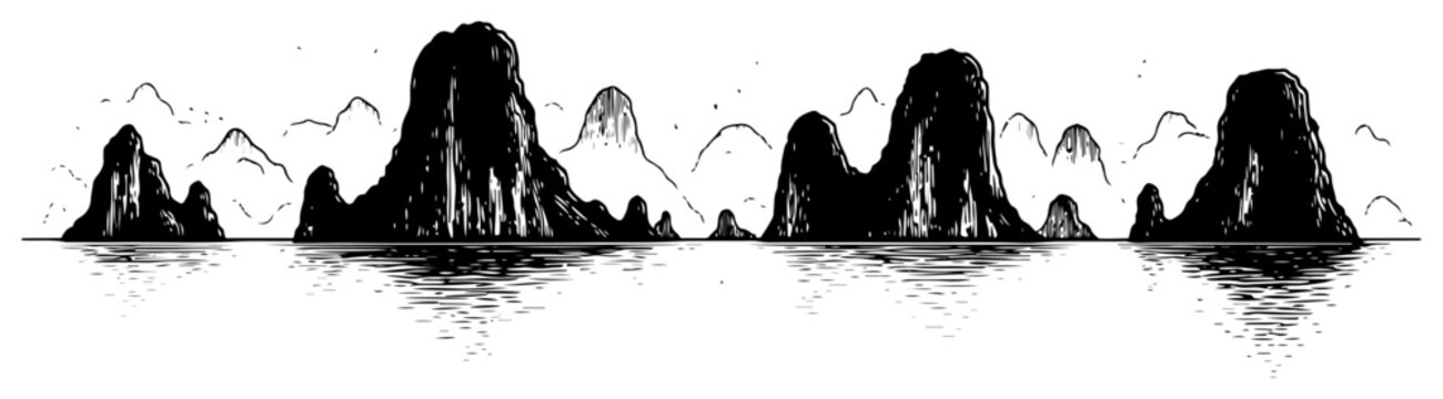 Hand drawn vintage engraving illustration of karst limestone mountains reflected on calm water surface