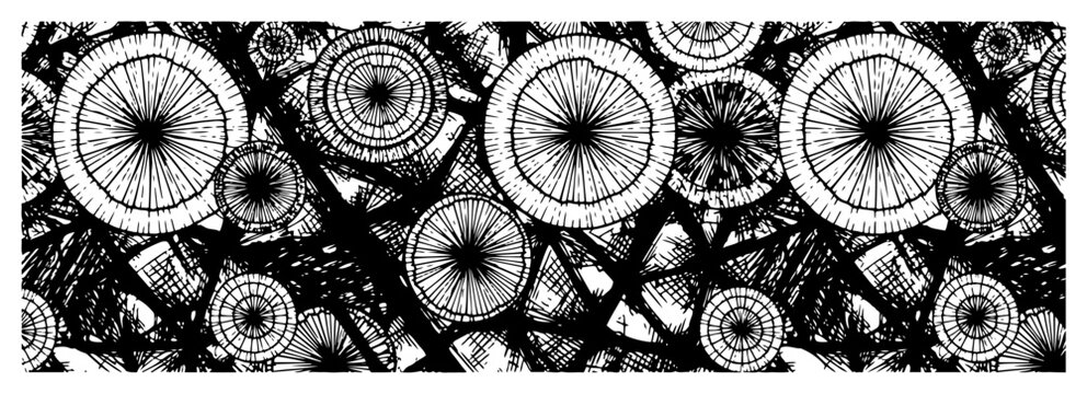 Vintage hand drawn woodcut style pattern of stylized circular fruit slices and hatching textures