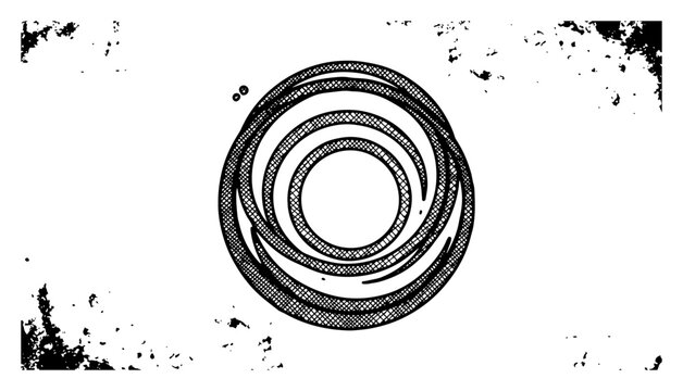 Vintage hand drawn woodcut style illustration of interlocking concentric rings with a grungy border
