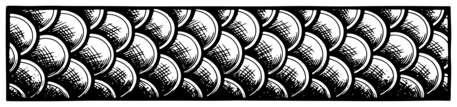 Hand drawn vintage engraving style fish scale pattern horizontal border design