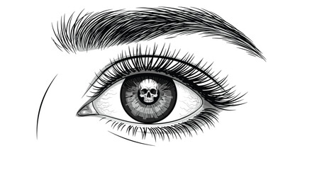Obraz premium Dramatic close-up of a detailed human eye in black and white with a small human skull reflected clearly inside the central pupil.