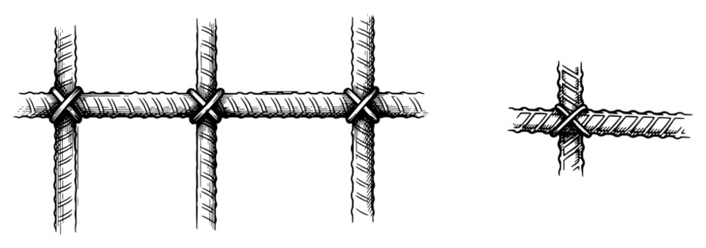 Set of hand drawn steel reinforcement bars and rebar joints in engraving style