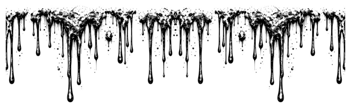 Vintage hand drawn woodcut illustration of dripping liquid or paint splashes horizontal border