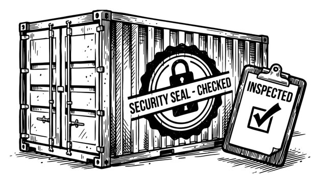 Vintage engraving style shipping container with security seal and inspection clipboard illustration