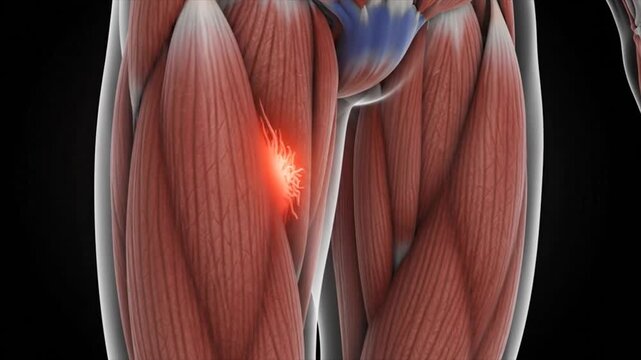 Human Thigh Muscle Pain and Injury, Detailed Anatomical Illustration.