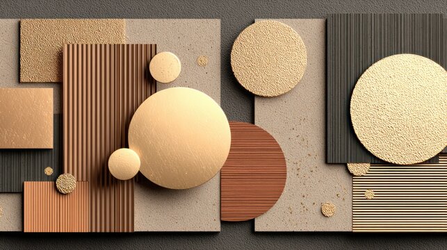 Contemporary abstract composition features overlapping geometric shapes with varied textures and metallic finishes.