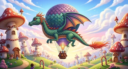 Naklejka premium A whimsical fantasy scene featuring a dragon riding a colorful hot air balloon over a magical mushroom landscape
