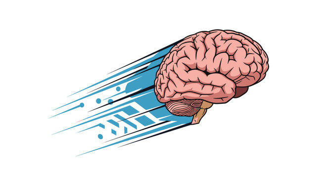 Pink human brain flying through the air like a fast rocket ship with blue motion lines representing intelligence and quick thinking.