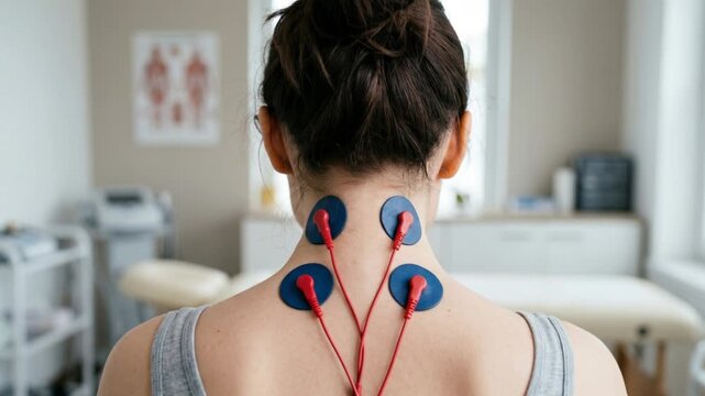 Woman Receiving Electrical Stimulation Therapy for Neck Pain Relief in a Physical Therapy Clinic