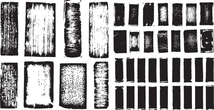 Grunge ink stamp texture set created with brayer technique. Rough vintage letterpress rectangles and vertical backgrounds with irregular edges and linocut print shapes. Vector illustration isolated on